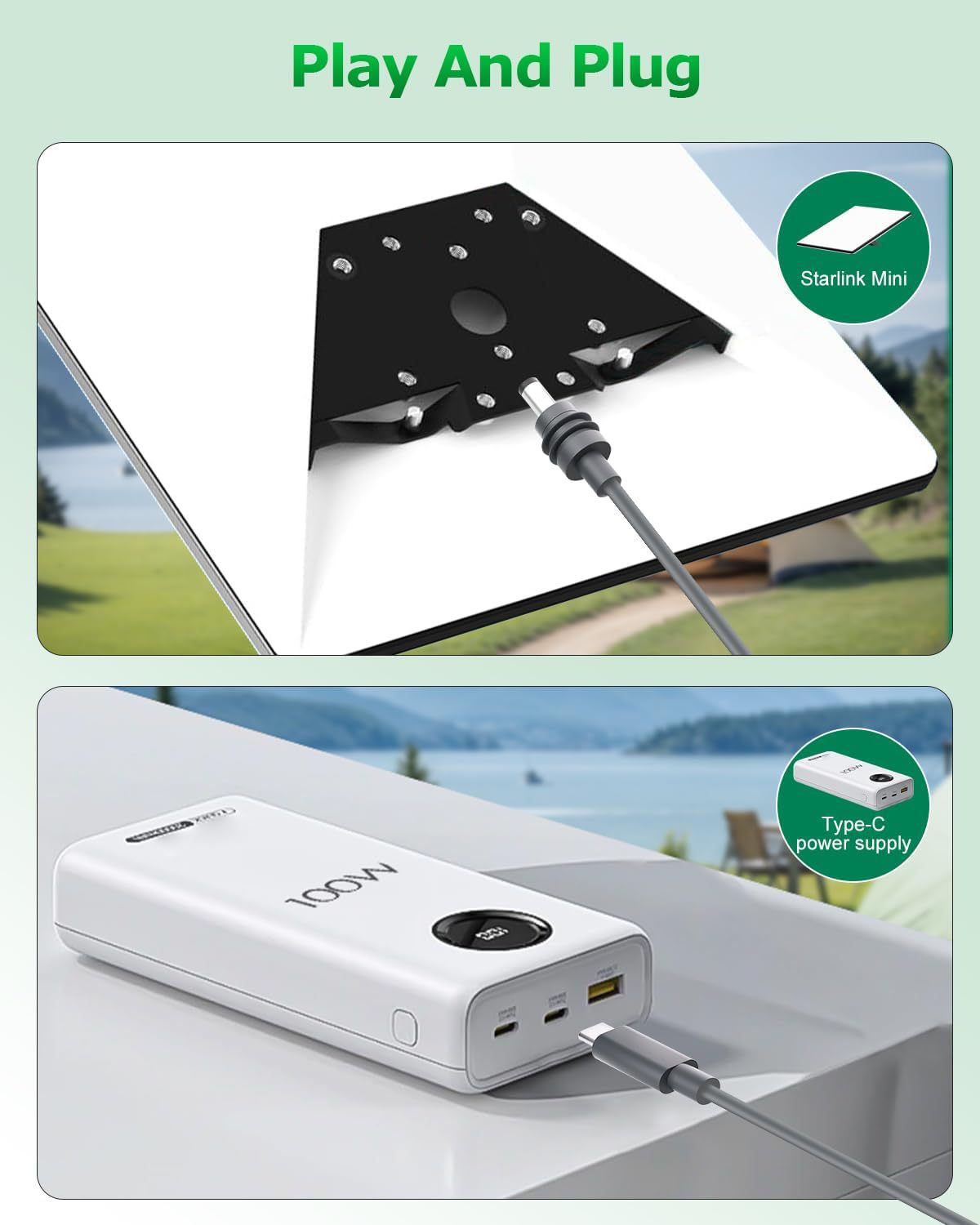 2 in 1 Starlink Mini Cable USB-C and DC to DC Power 100W PD Cable for3M Starlink Mini Waterproof Charging Cable