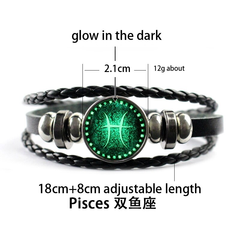 Luminous 12 Constellation Glow In The Dark Bracelet Men Leather Glowing Night Fluorescence Charm Bracelets for Halloween: Pisces