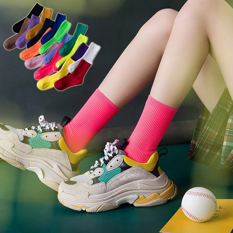 Chaussettes néon Harajuku pour femmes, Streetwear Hip-Hop, 17 couleurs fluorescentes, couleurs vives bonbons, sympas, pour adolescentes et filles, danse de rue
