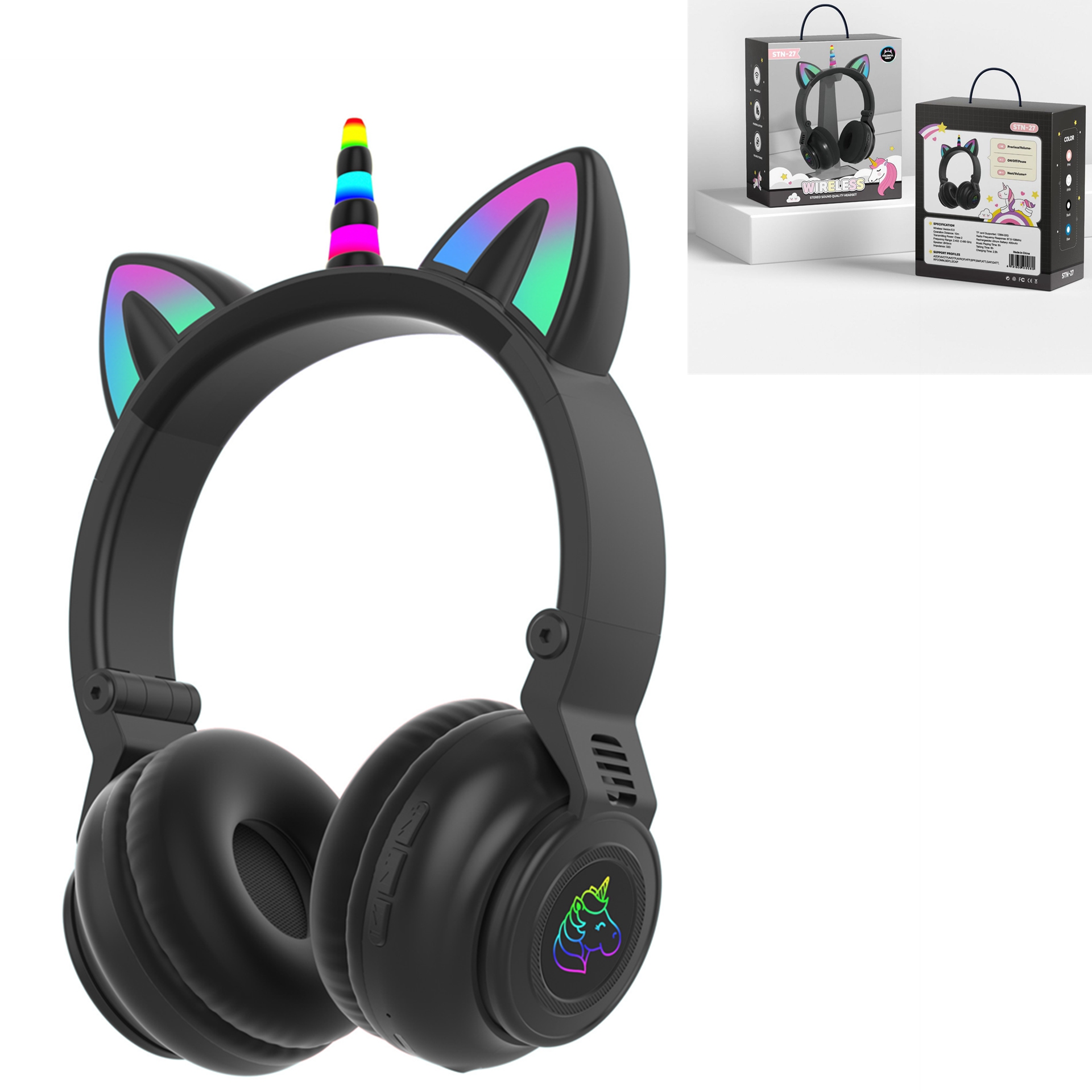 Söta enhörning trådlösa hörlurar med mikrofoner, styr rgb ljus barn tjejer musik stereo hjälm mobiltelefon headset: Svart med låda