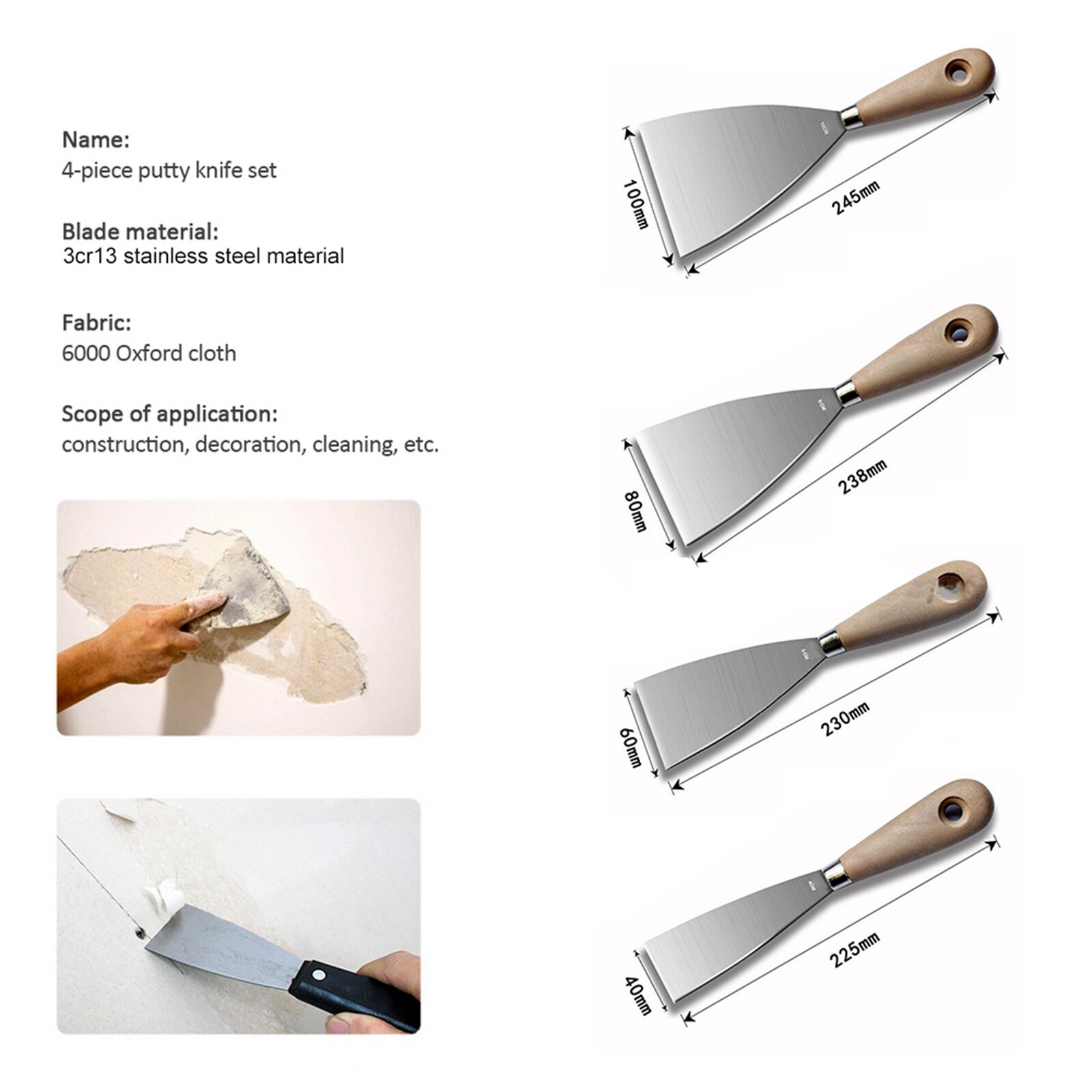4PCS Putty Knife Construction Tools Stainless Steel 4/6/8/10 Inch Putty Knives Plaster Trowel Spatula for Stretch Hand Tool Sets