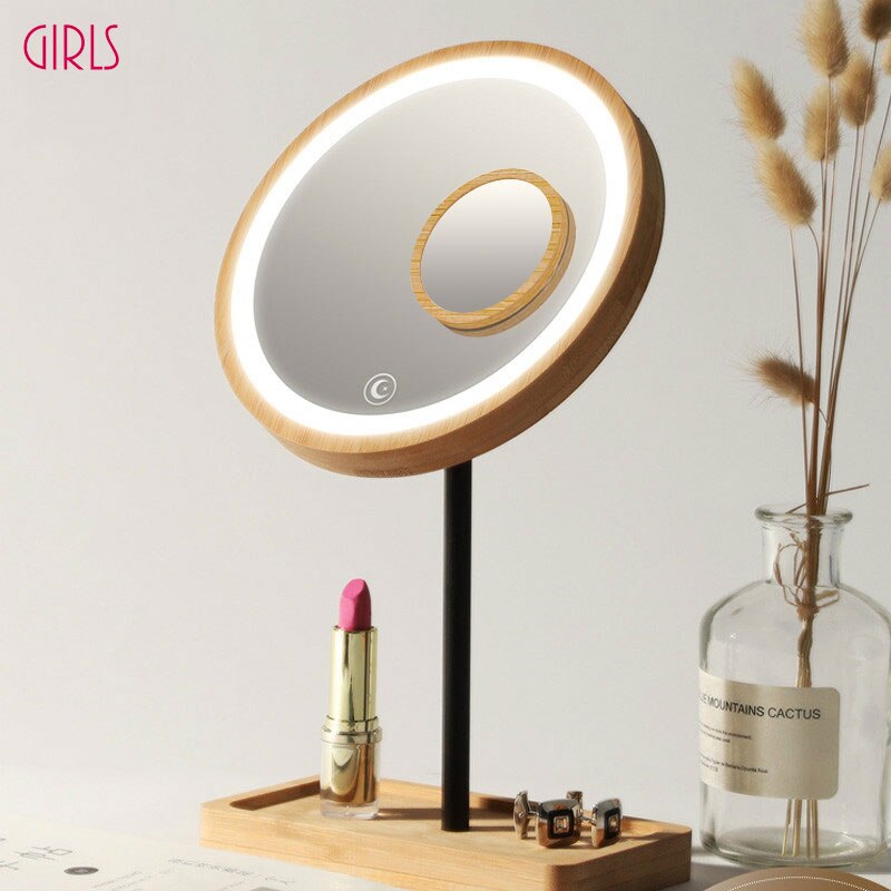 Led Houten Desktop Make-Up Spiegel 3X Vergrootglas Usb Opladen Verstelbare Bright Diffuus Licht Touch Screen Beauty Spiegels