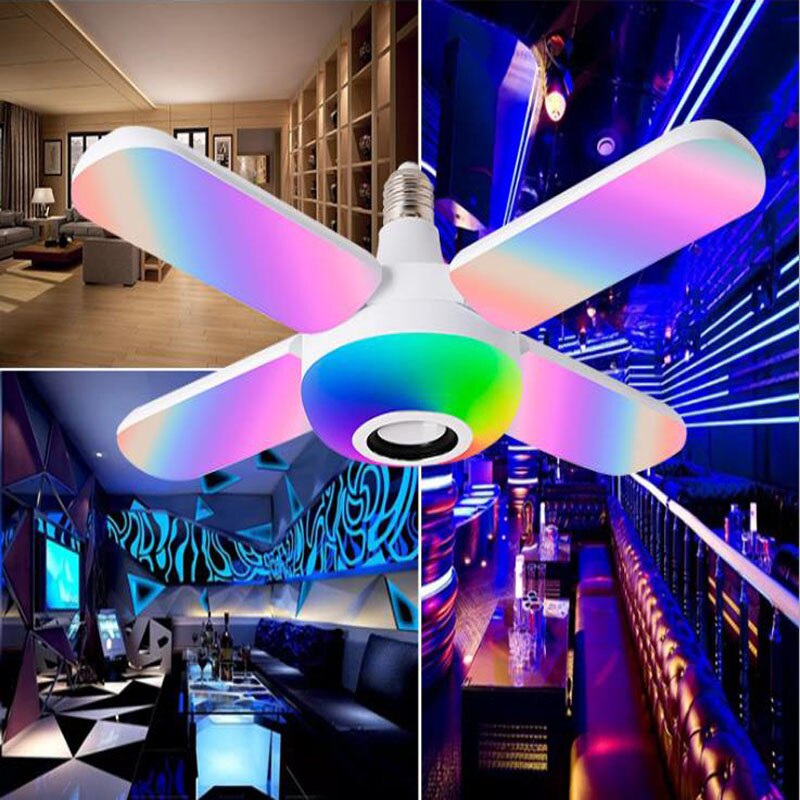 Rgb vier bladeren bluetooth muzieklamp 50w e27 led-lamp met afstandsbediening opvouwbare lamp bluetooth slimme luidspreker ventilatorlamp