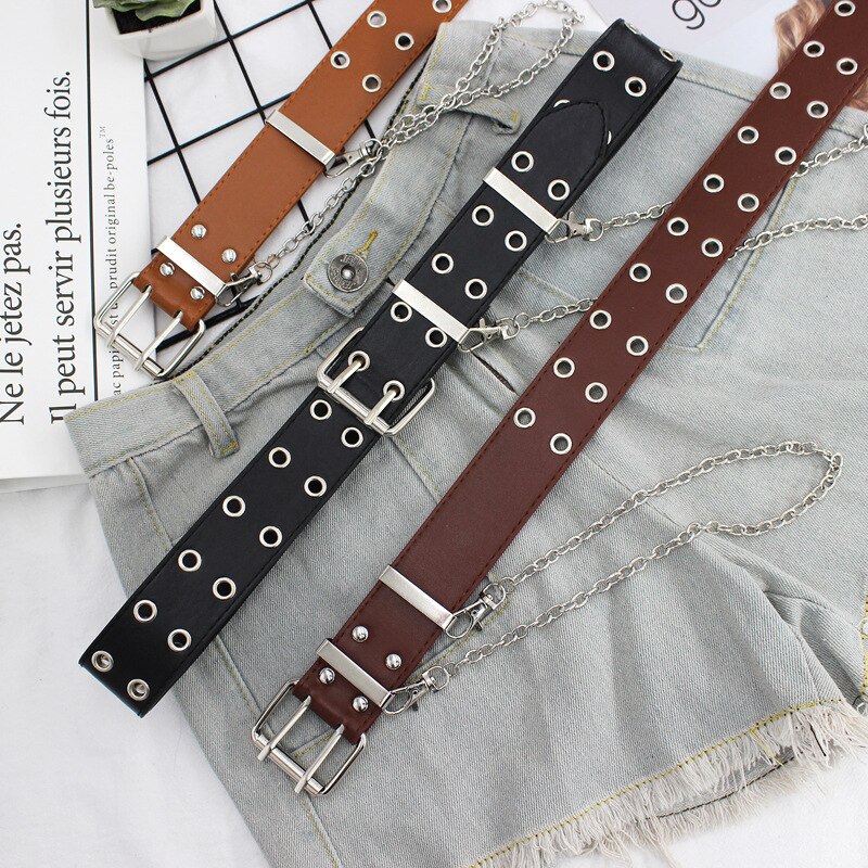 Women Punk Chain Belt Adjustable Black Double/Single Eyelet Grommet Leather Buckle Belt