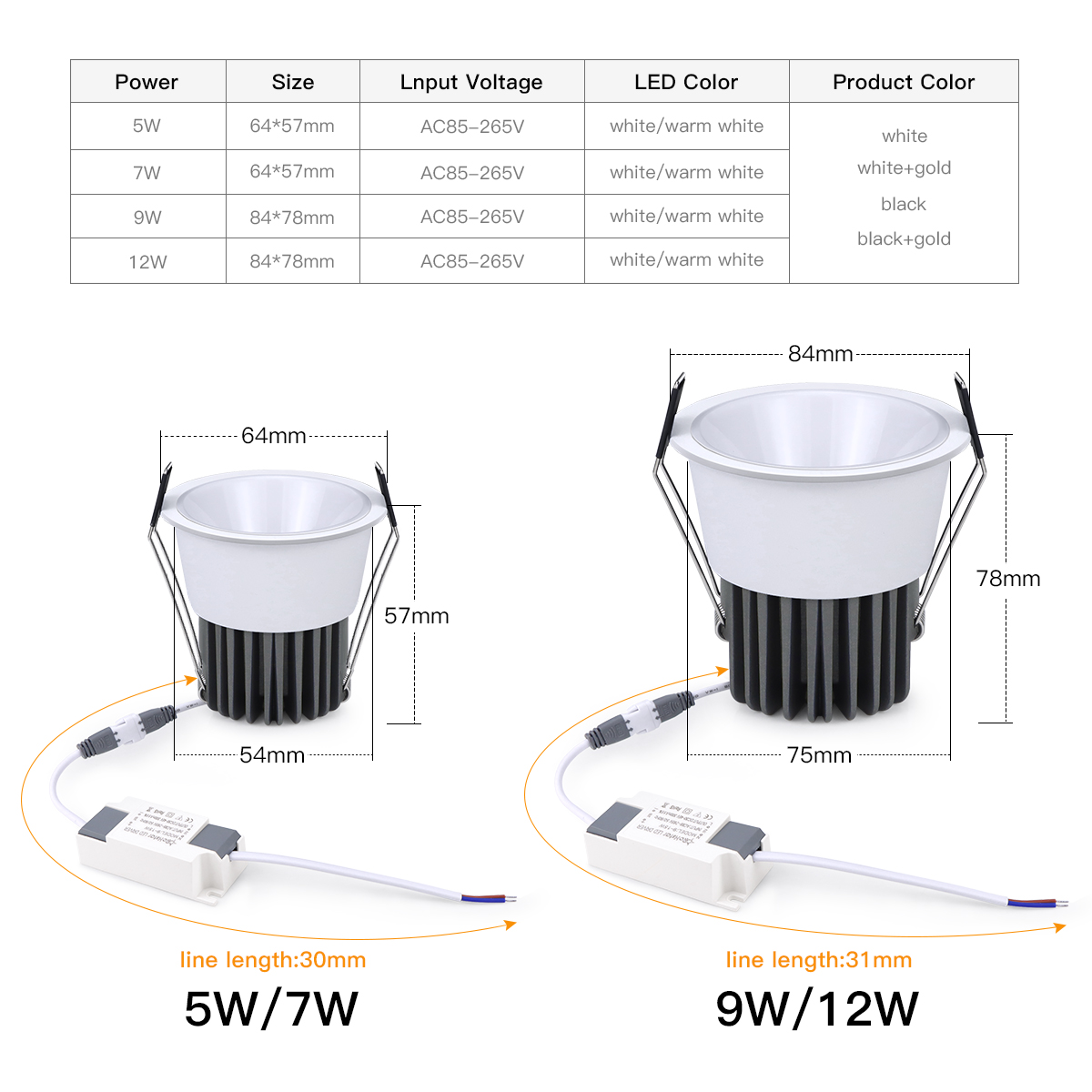 Foco LED de aluminio 5W 7W 9W 12W bombilla de foco LED 110V 220V lámpara empotrable de techo escaparate iluminación decorativa