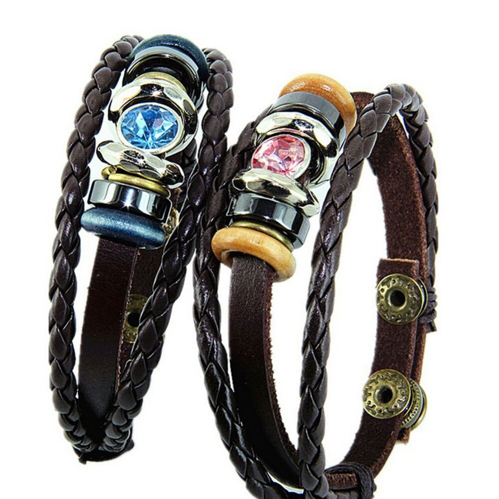 National Braided Leather Bracelet Lovers Bracelets Color Blue Pink Stone