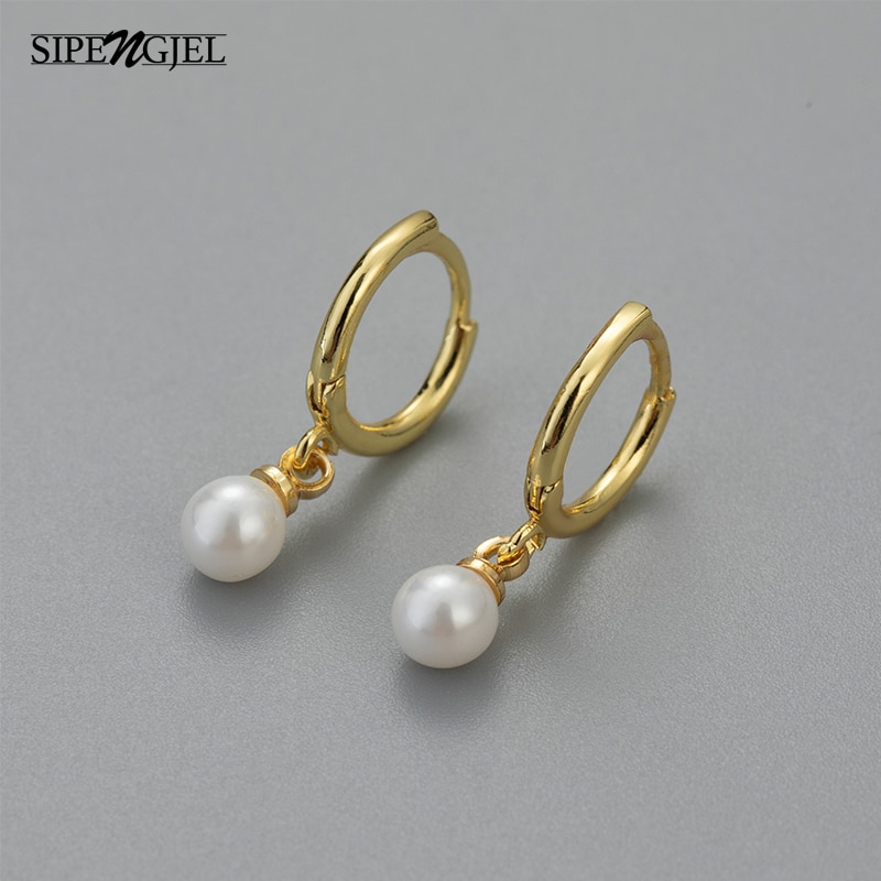 Sipengjel moda coreano pérola pingente brincos para as mulheres redondo grânulo pequeno hoop brincos de jóias de casamento presente