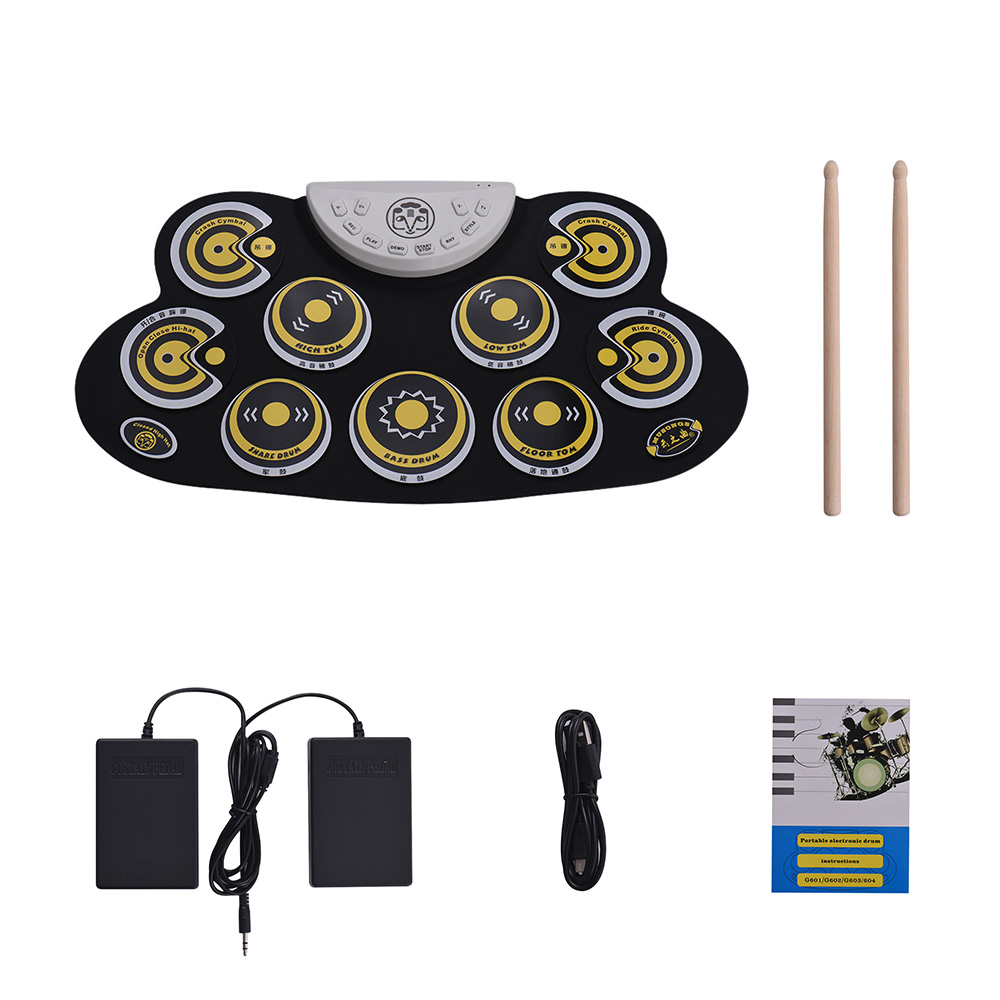 Bærbar størrelse elektronisk trommesæt 9 silikone tromme pads folde trommesæt usb/batteri drevet med trommestikker fodpedal percussion: Stil 7 gul