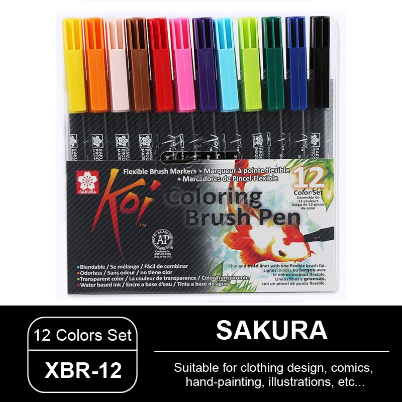 Juego de plumas de acuarela para colorear, pluma de cabeza suave de SAKURA de Japón, XBR, ilustración de cómic pintada a mano, secado rápido sin olor: XBR-12