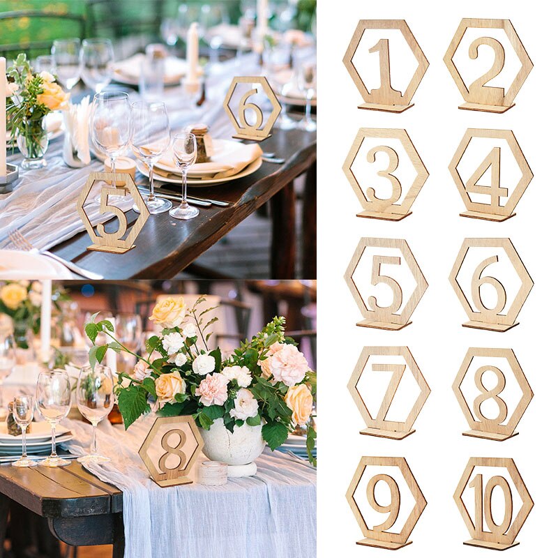 10Pcs 1-20 Houten Tafel Nummer Hexagon Hout Zitplaatsen Plaats Kaarten Verjaardagsfeestje Decoratie Bruiloft Engagement Seat Nummers borden