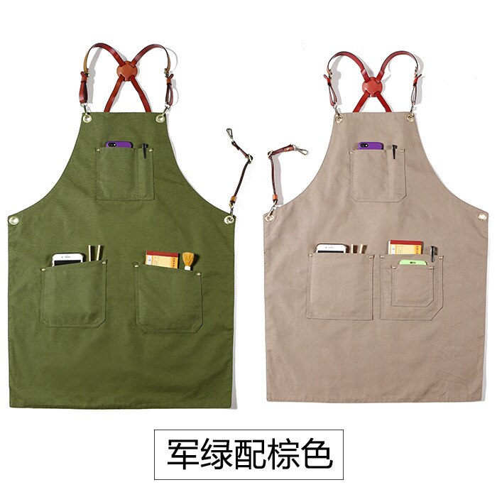 Dobbeltsidet lærred læder hængende hals unisex maleri frisør opbevaring forklæde barista frisør kok gartner tjener overalls: Forklæde 3