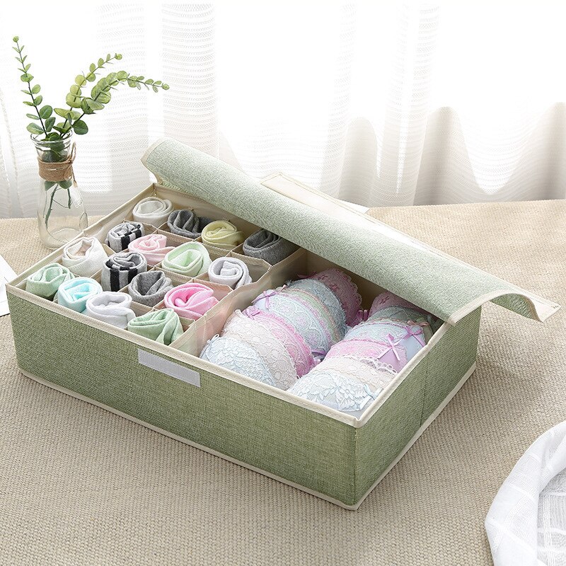 Cajón de almacenamiento de sujetador, organizador de armario, cajas plegables de algodón lavable, caja de acabado de lino portátil con cubierta, ropa interior y calcetines: Green 17 grid