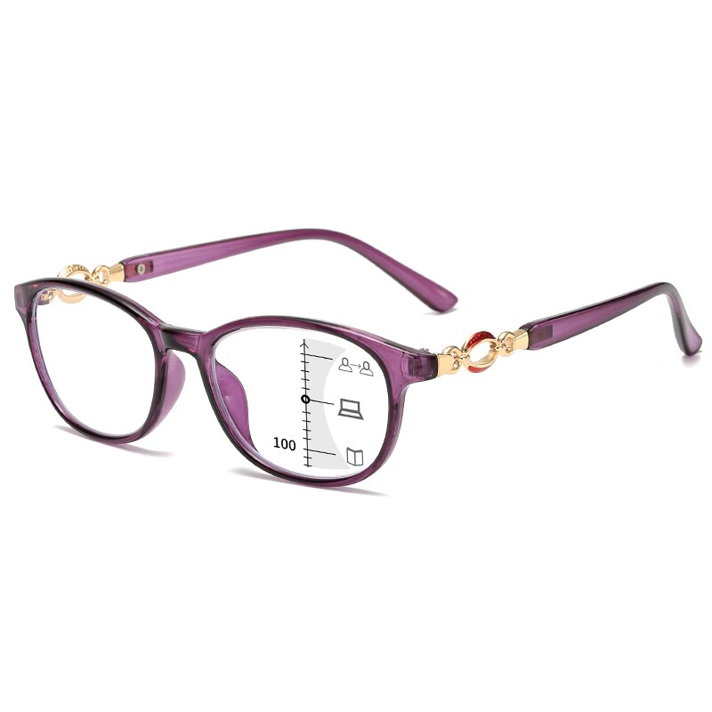 Progressive Multifocal Reading Glasses Women Anti-blue Light Eyeglasses Prescription Spectacles Diopter +1.0to+4.0: +250 / Purple Frame