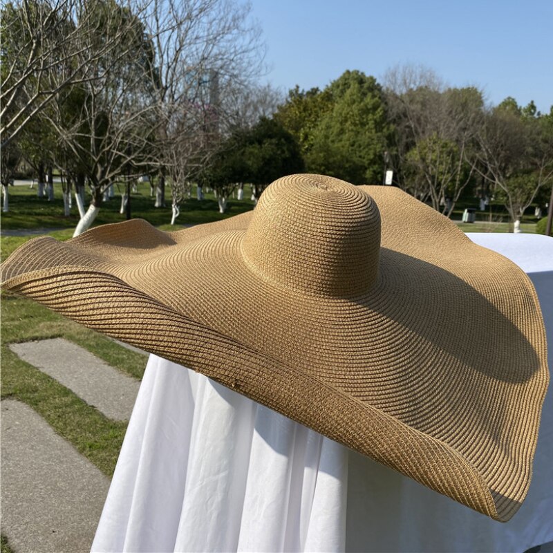 Ht3183 extra stor stor bred brättad hatt dam sommar solhatt kupol packbar solid stråhatt strandhatt kvinnlig solskydd dam floppy hatt: Kaki / 30cm brädor