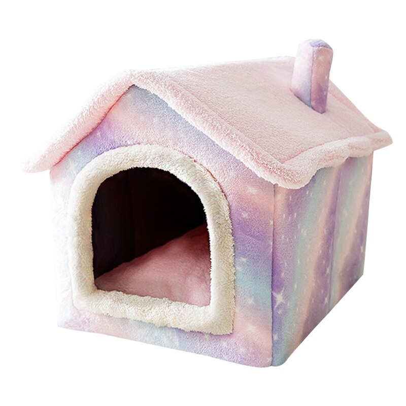Gezellige Huisdier Bed Huis Warm Pluche Grot Slapen Bedden Puppy Winter Nest Voor Katten En Kleine Honden Mooie Cabine Vormige 5 Stijlen Y5GB: Pink starry sky