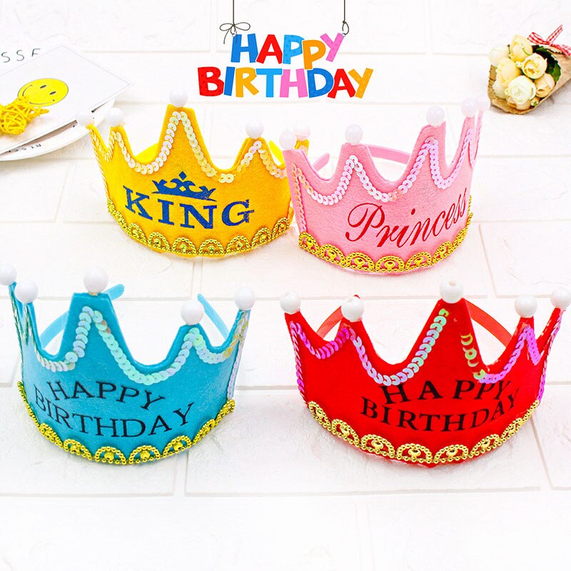 LED King Princess Prince Happy Birthday Paper Crown Hats Baby Shower Boy Girl Birthday Party Xmas Decorations Supplies Kids