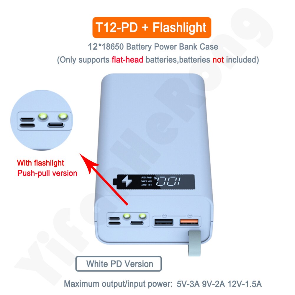 12 x 18650 Flashlight Battery Charger Box Power Bank Holder DIY Shell Case Dual USB 18650 Battery Shell Storage Organize: PD White