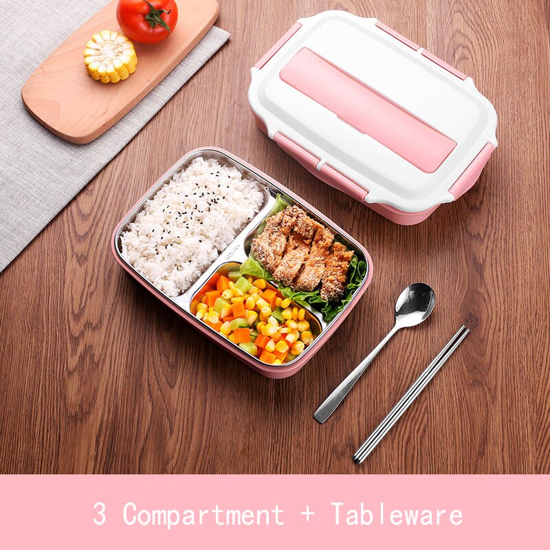 Stainless Steel Thermal Lunch Box Containers with Compartments Leakproof Bento Box Food Container Picnic Office School Lunchbox: 3 Grid Pink
