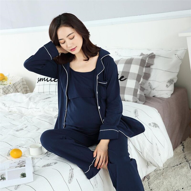 3 Pcs Sexy Moederschap Verpleging Pyjama Katoen Borstvoeding Nachtkleding Kleding voor Zwangere Vrouwen Lente Herfst Zwangerschap Nachtkleding: Dark Blue / M