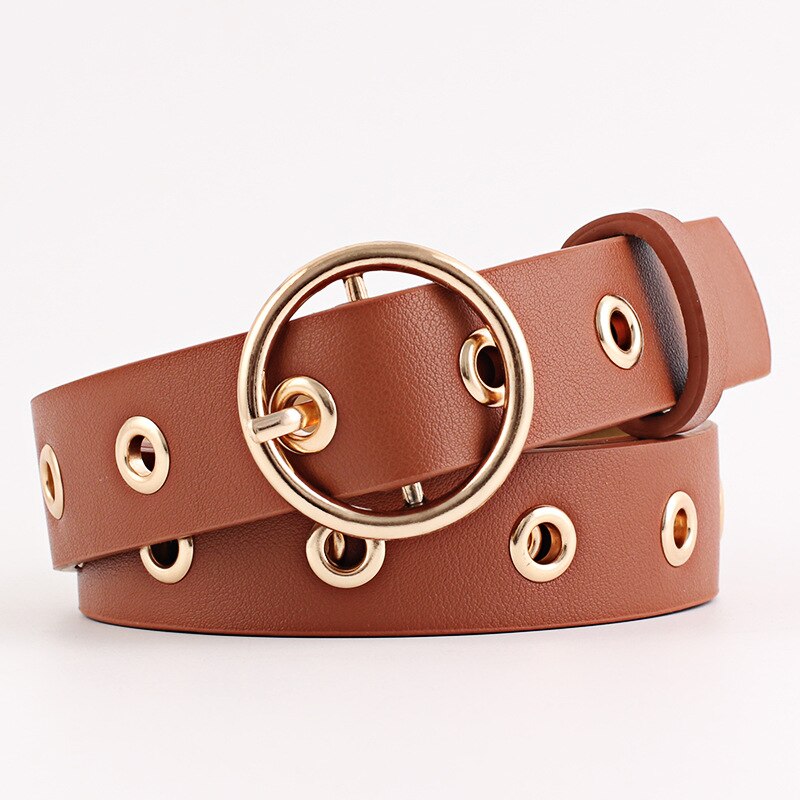 Women Leather Belt Female Gold Round Pin Buckle Bl... Grandado