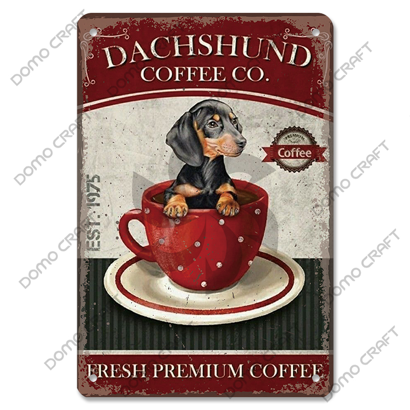 Póster de perros bonitos, carteles de Metal de estaño, placa de Metal Vintage Bulldog Dachshund, decoración artística de pared para cafetería, cocina, jardín y hogar