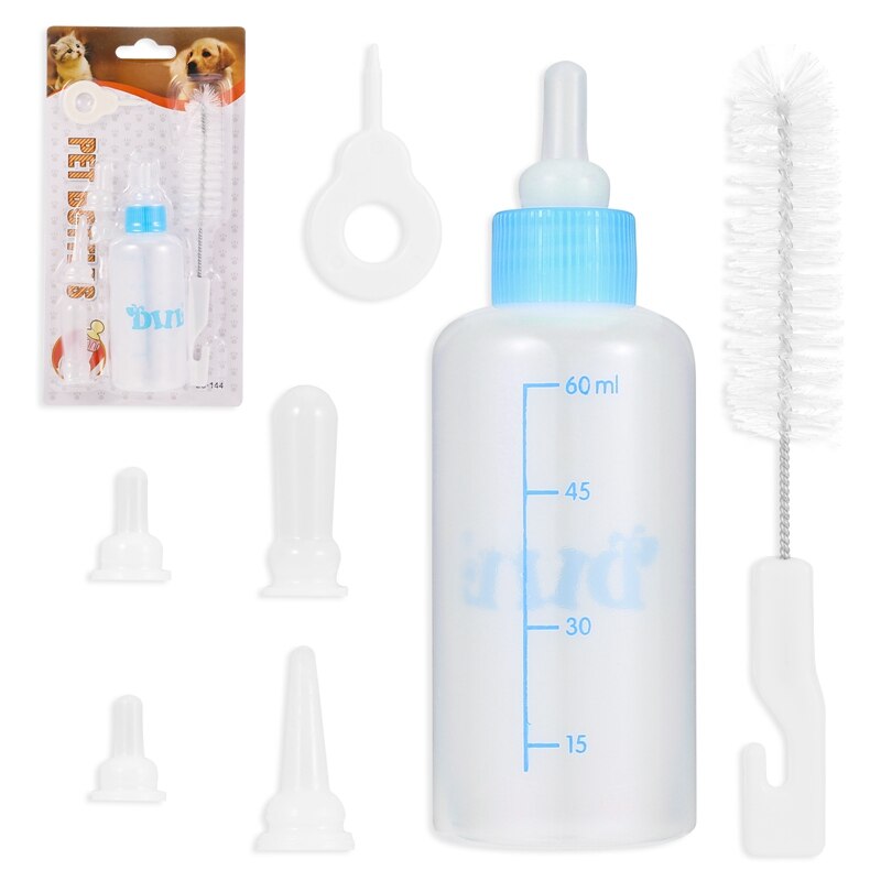 Puppy Nursing Bottle Kit Dog Cat Puppy Milk Feeding Bottle With 4 Replacement Nipples Milk Feeder Care Set And Nipple Brush: PET5798BL