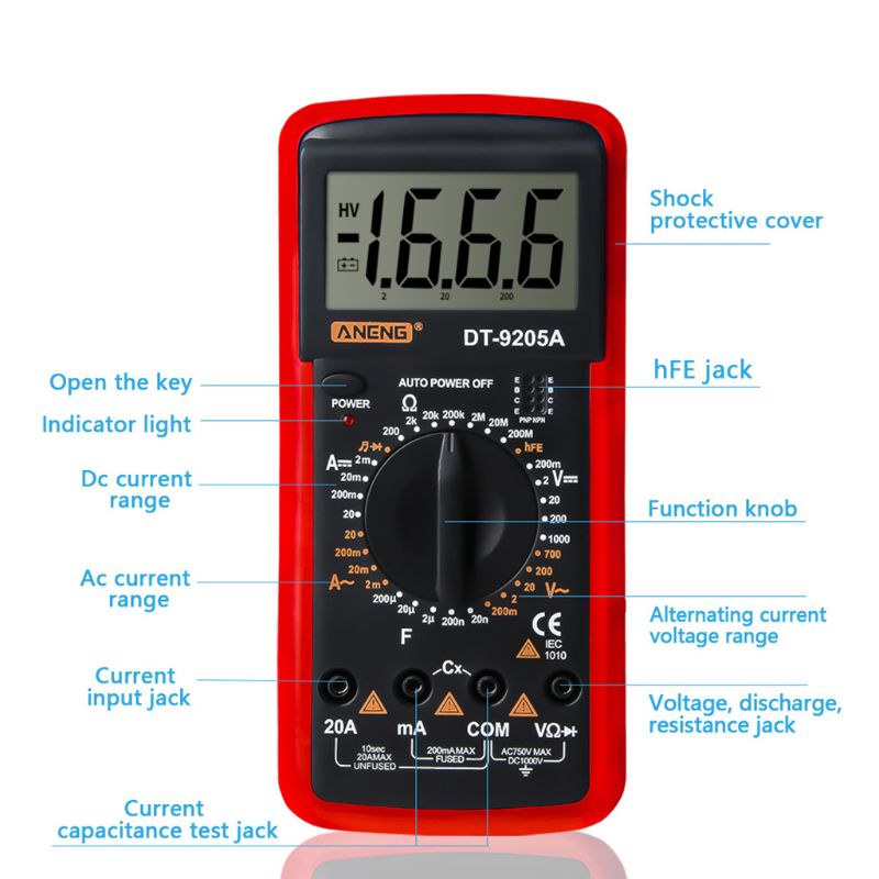 DT9205A hFE AC DC LCD Display Electric Handheld Tester Meter Digital Multimeter Multimetro Ammeter Multitester