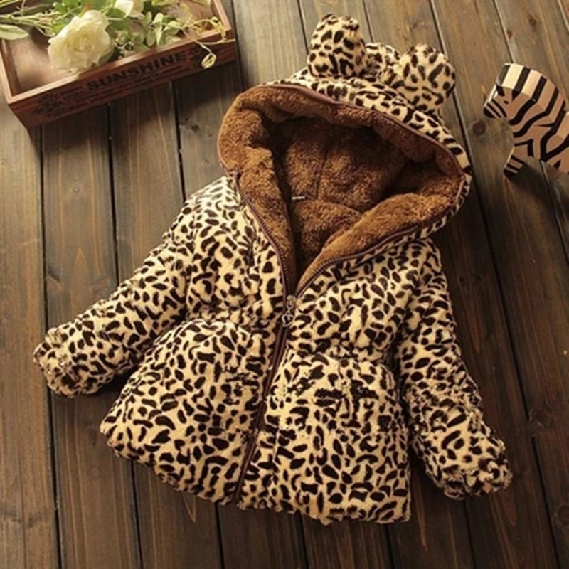 Girls Coat Winter Baby Kids Clothes Cotton Long Puffer Brown Leopard Thicken Windproof Warm Hooded Jacket: 10(120-130cm height)