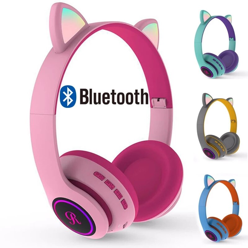 Cat Ear Wireless Bluetooth Headset With Mic LED Hifi Music Stereo Bass Headphones Mobile Phone Girl Daughter Adults Kids Headset