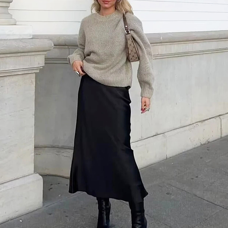 ONKOGENE Satin Midi Frauen Rock Mittlere Taille Falten Dame Rock 2024 Frühling Sommer Neue Elegante Casual Büro Frauen Kleidung