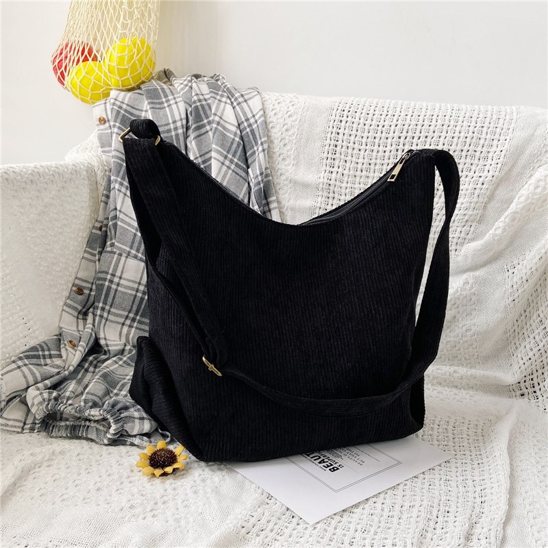 Sacos de veludo listrado simples lona zíper crossbody &amp; bolsa de ombro eco pano bolsas livros sólidos para meninas da faculdade: Black no logo