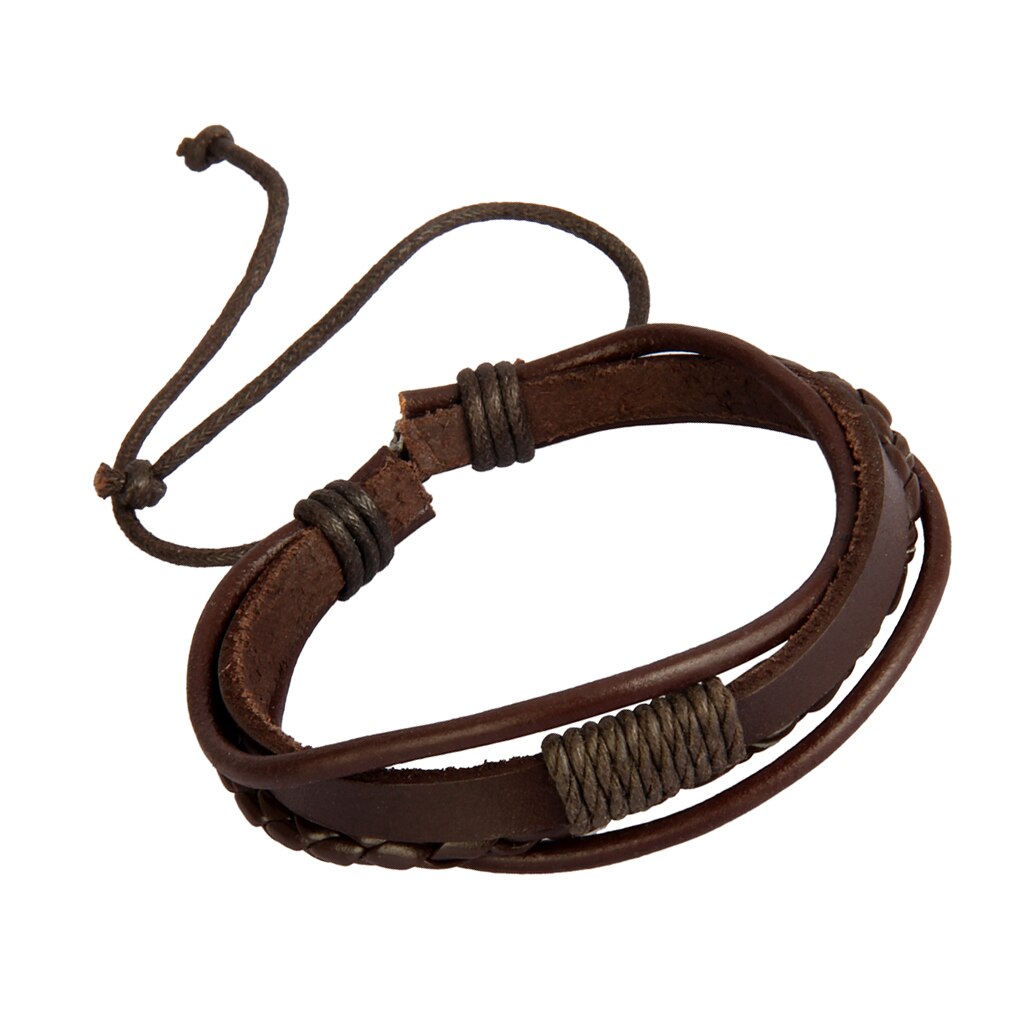 Mens Vrouwen Multi Strand Pu Lederen Wrap Punk Cowboy Verstelbare Armband: Coffee