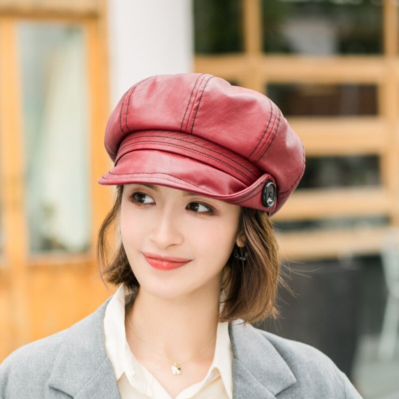 Caluriri Neue Winter PU Hut Leder Taste Achteckigen Hut Wilden Literarischen Britischen Retro PU Baskenmütze Hut PU Maler Hut: Rot