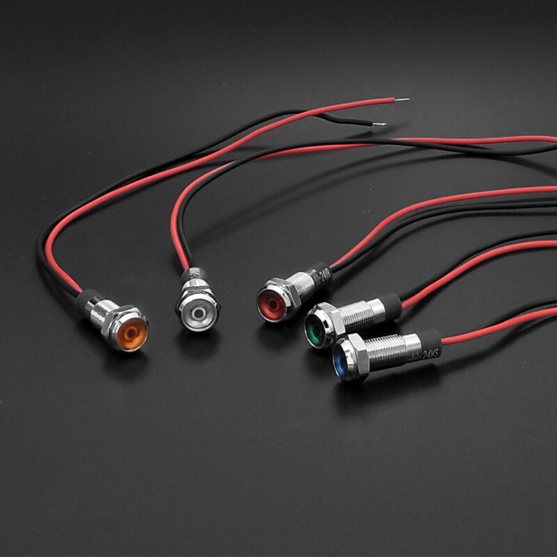 10pcs 6mm Flat head LED Metal Indicator light waterproof Signal lamp 3V 5V 6V 12V 24V 220v with wire red yellow blue green white