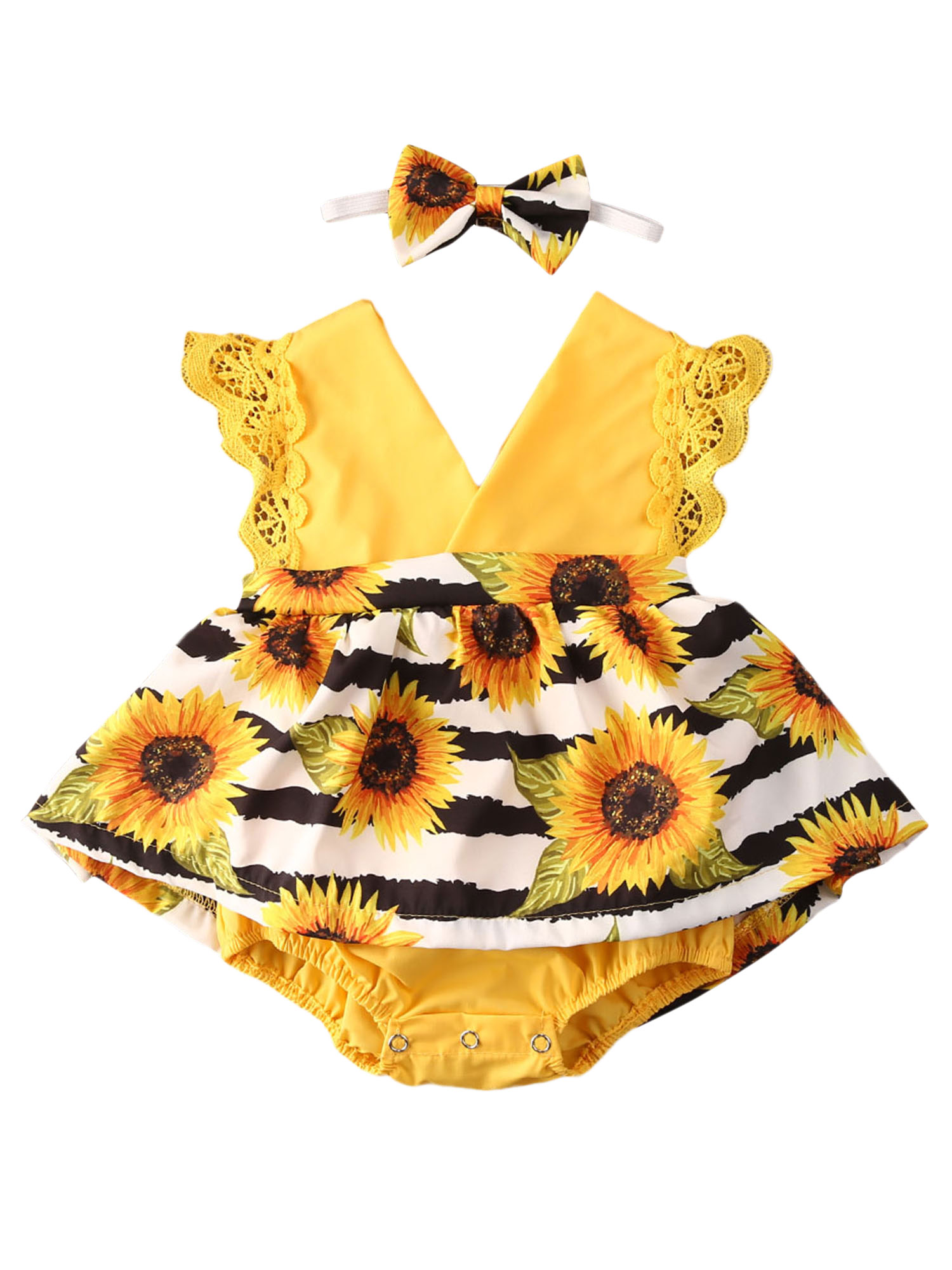 0-24m bebê recém-nascido meninas macacão vestido sunflowers impressão laço manga v pescoço macacões bandana 2 pçs