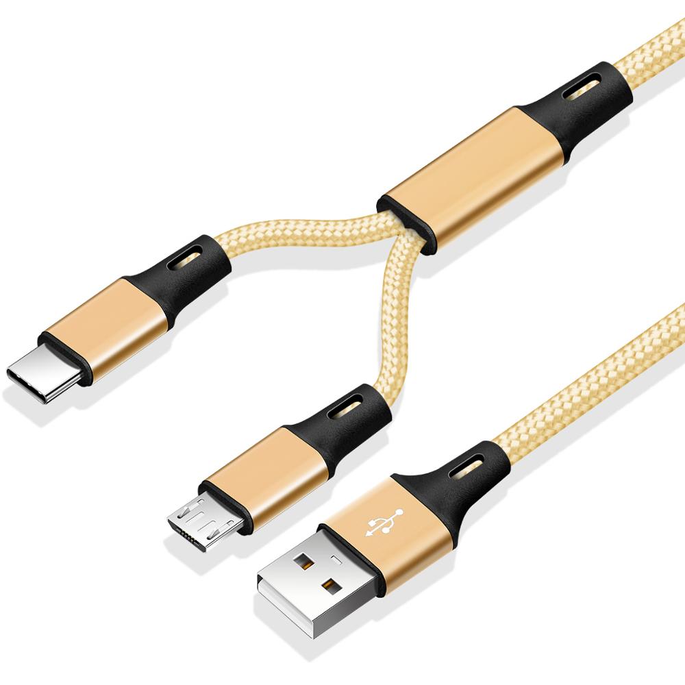 2 w 1 kabel mikro USB dwustronny USB typu C ładowarka nylon mikro kabel USB C ładowania dla powerbank robić telefonu komórkowego kable: złoto kabel