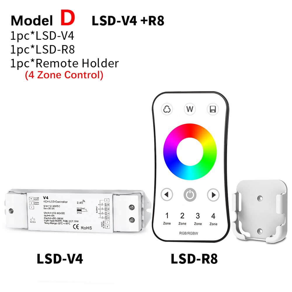 Dimmer 4 Channel LED Strips RGBW Controller V4 with Touch Screen RT4 RGBW Remote Controller RF for DC12V 24V Strips Controller: D Model