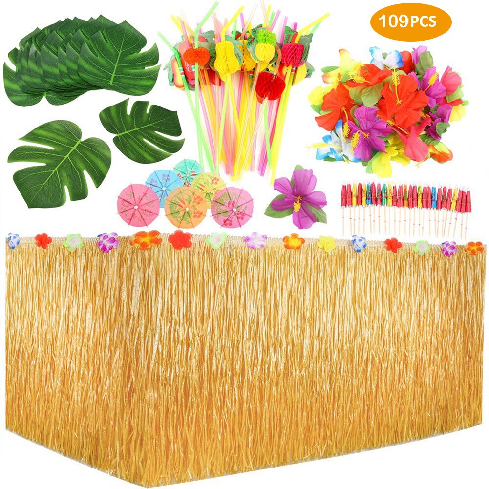 Hawaiian Tafel Rok Decoratie Set Honingraat Ananas Flamingo Kleine Paraplu Fruit Stro Combinatie Hula Festival Party Deco: 109pcs