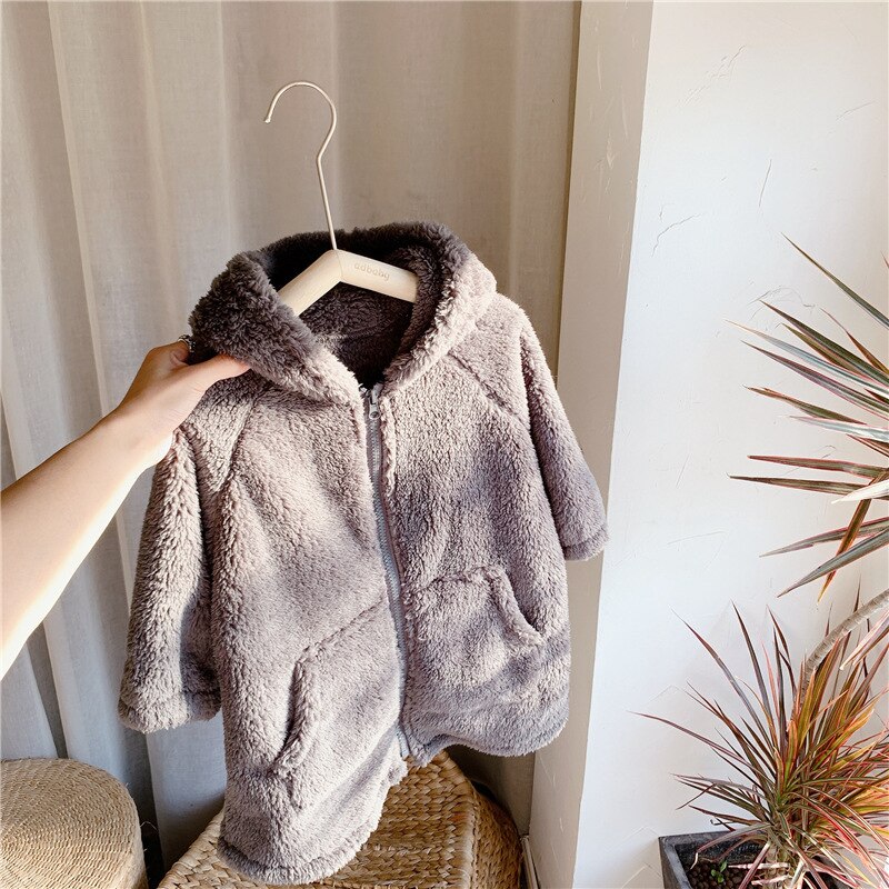 Toddler Girls Winter Coats Korean Solid Kids Warm Lambswool Jackets Casual Loose Soft Thick Long Jacket For Girls: Dark Grey / 4T