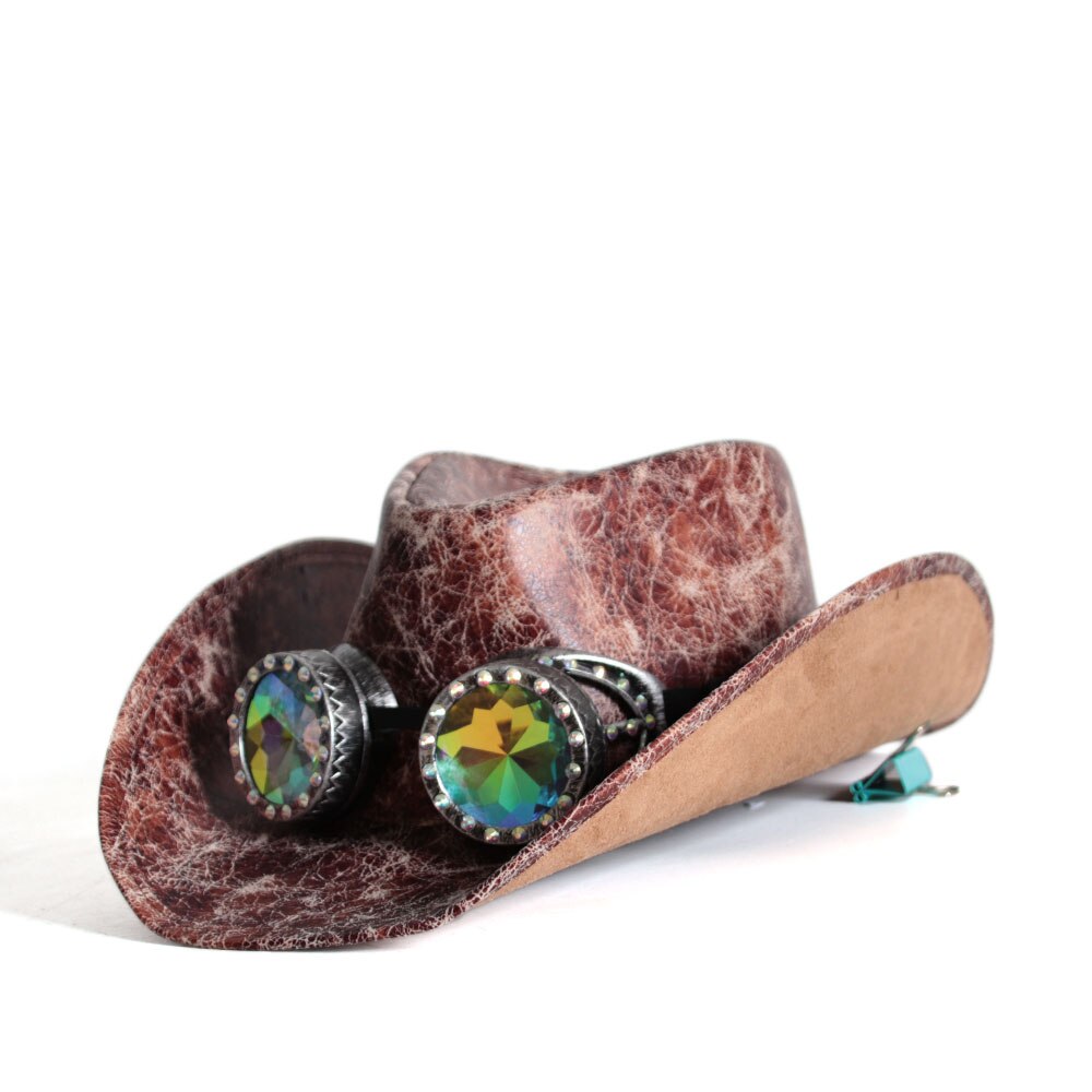 Men Women Leather Western Cowboy Hats With Punk Glasses Jazz Hat Sombrero Hombre Cowgirl Hat Size 58-59CM