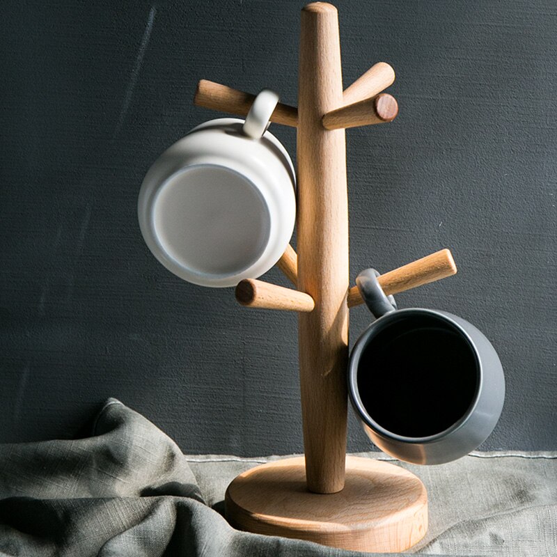 Wooden Coffee Cup Holder Beech Wood Tree Stand Rack 6 Cup Mug Holder Countertop Pantry Stands Mug Shelves Hanger Kitchen Display