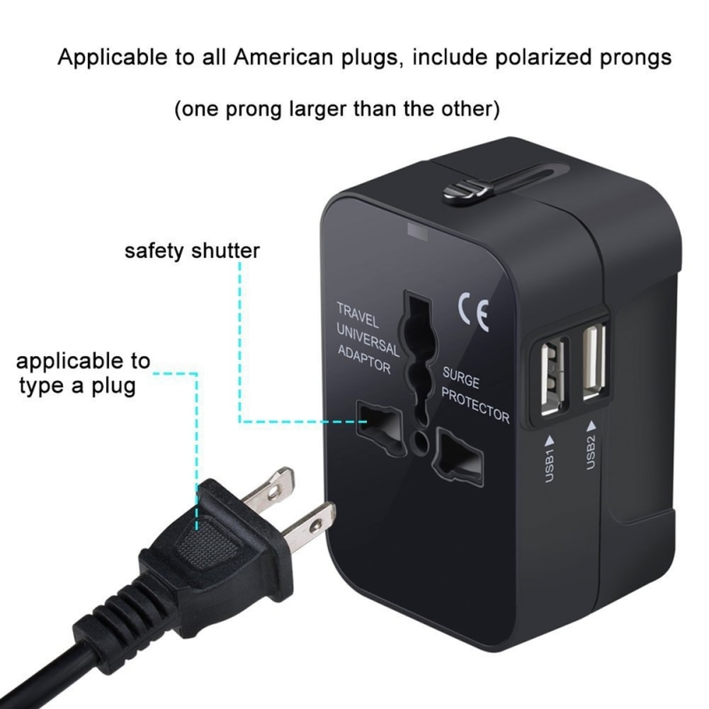 Universal Travel Adapter - 2 USB Ports, 2500W, 100-240V, Overload Protection, for USA EU UK AU