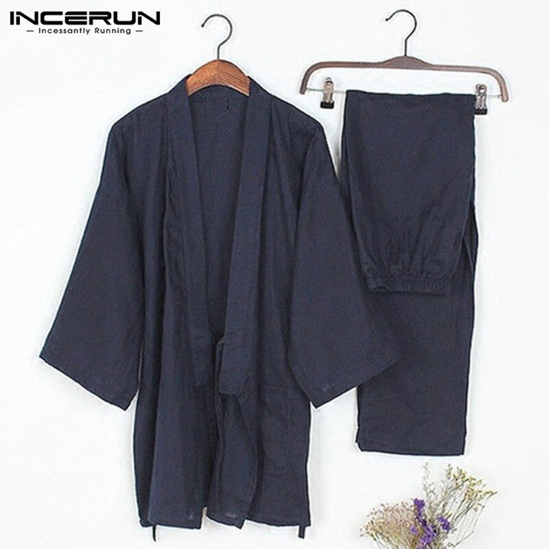 Incerun 2 kpl/setti kimono pyjamat miesten kylpytakki miesten lounge kylpytakki yöpuvut puuvilla pyjama puvut löysät kevyet vaatteet: Laivasto / Xl