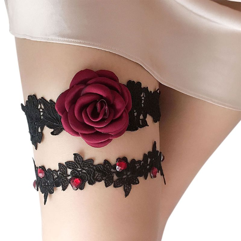 2 stk / sæt kvinder brud lårringe klæde rose blomst blonder broderi rhinestone udsmykning brudekjole ben strømpebånd elastisk