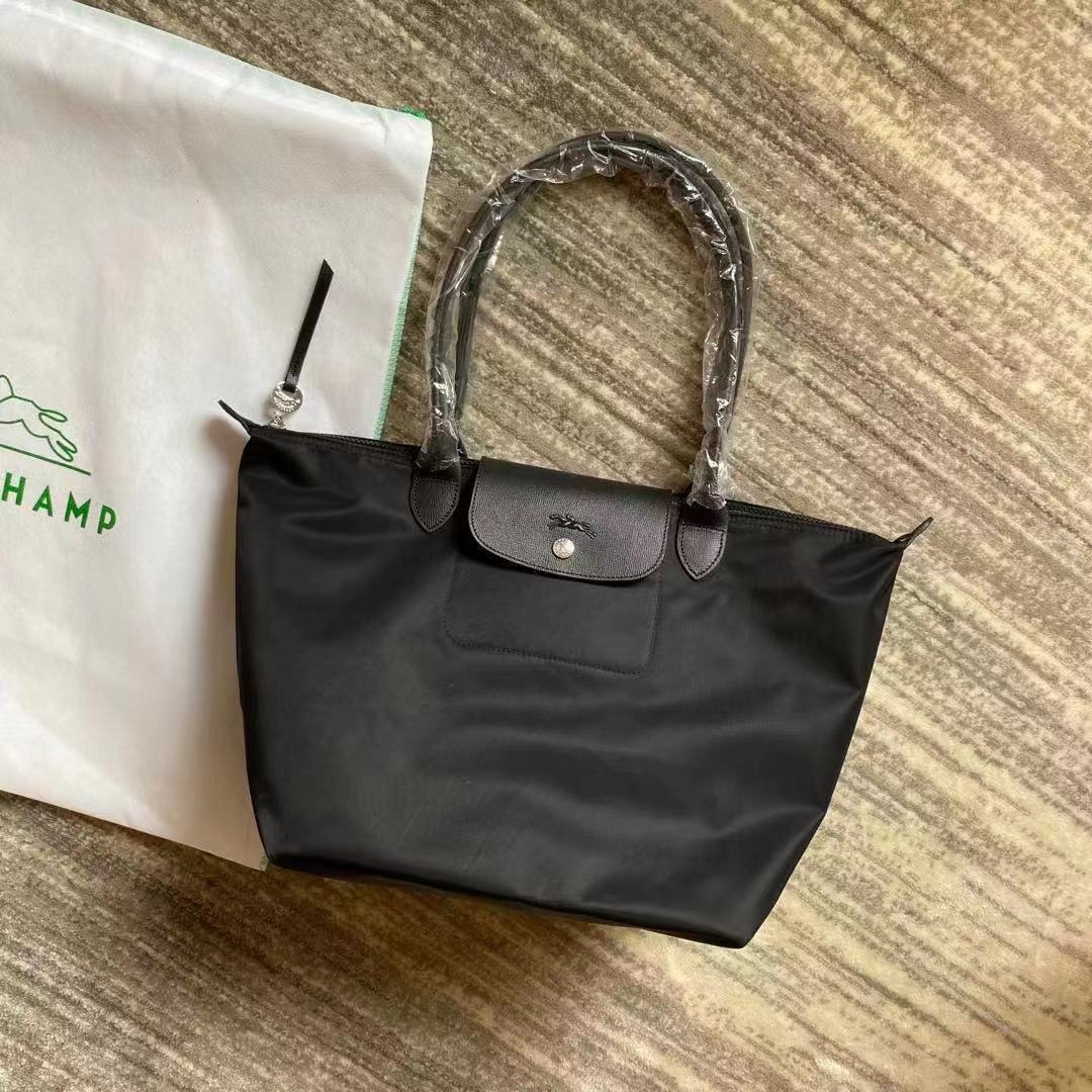 Bolso de compras grueso con mango largo para mujer, bolsa de hombro grande, plegable, de gran capacidad, largo y mediano: Medium black