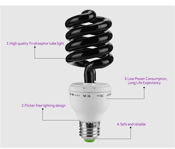 Led -valo 220v 36w 40w e27 ultravioletti uv -spiraali energiaa säästävä musta valo lamppu tb