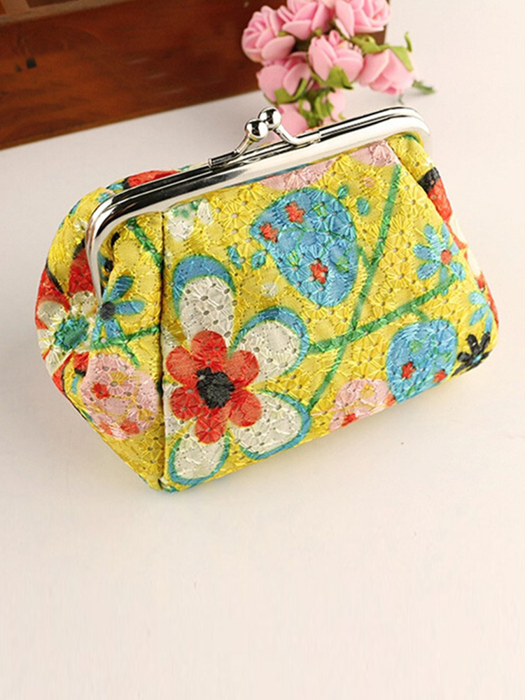 Women's Stylish Kiss Lock Storage Bag For Lipstick & Key，Floral Pattern Coin Purse: Yellow