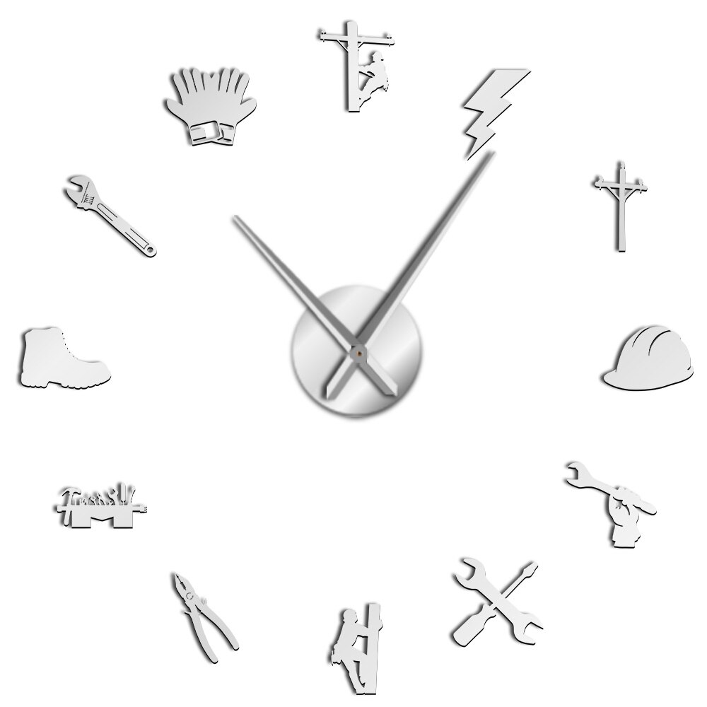 Elektriker Werkzeug Linienrichter Stumm 3D DIY Wanduhr Elektrische Reparatur Acryl Spiegel Oberfläche Zauberstab Dekor Uhr Uhr Für Linienrichter: Silber- / 37Zoll