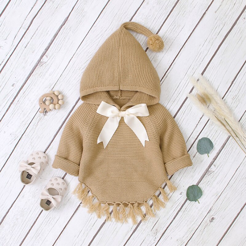 Bébé fille pull hiver tricoté à capuche enfant en bas âge fille vêtements à manches longues Bow infantile vêtements gland coton bébé Cardigan: Kaki / 24M