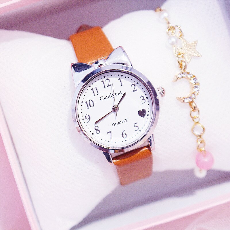 Miss chat noir montre à Quartz femmes bracelet en cuir décontracté montres filles mignon chat cadran forme rose montre-bracelet: C